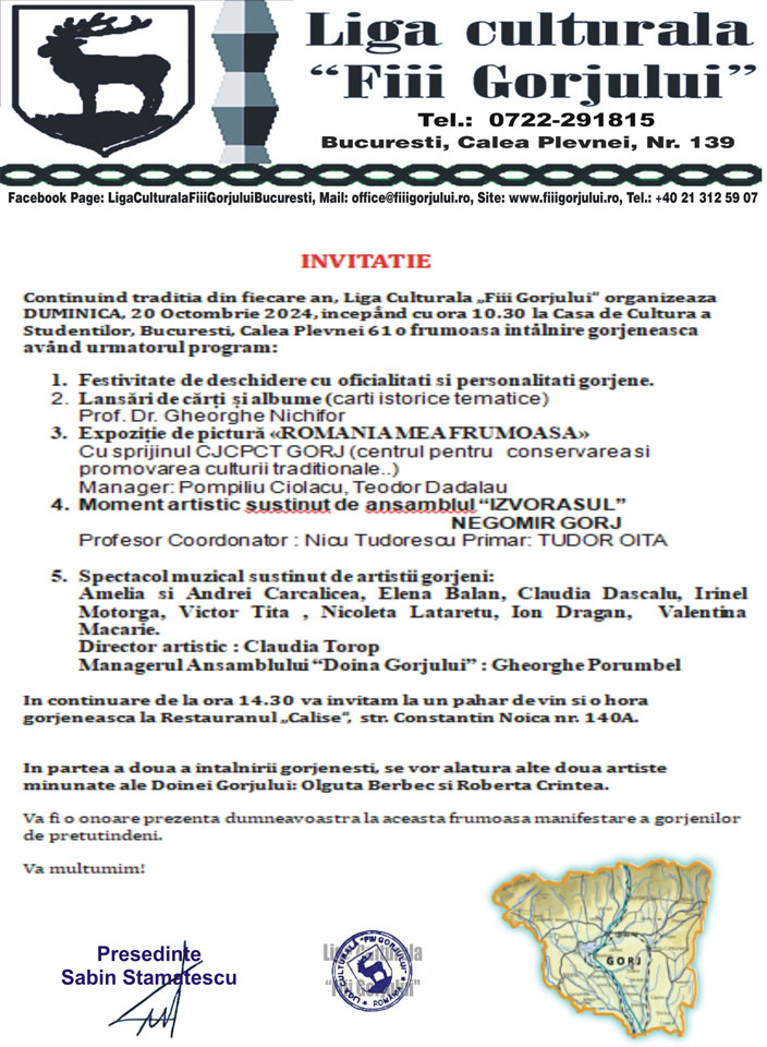Eveniment Grandios La Bucuresti – INVITATIE – la Intalnirea Gorjenilor 2024 – Bucuresti, 20 Octombrie