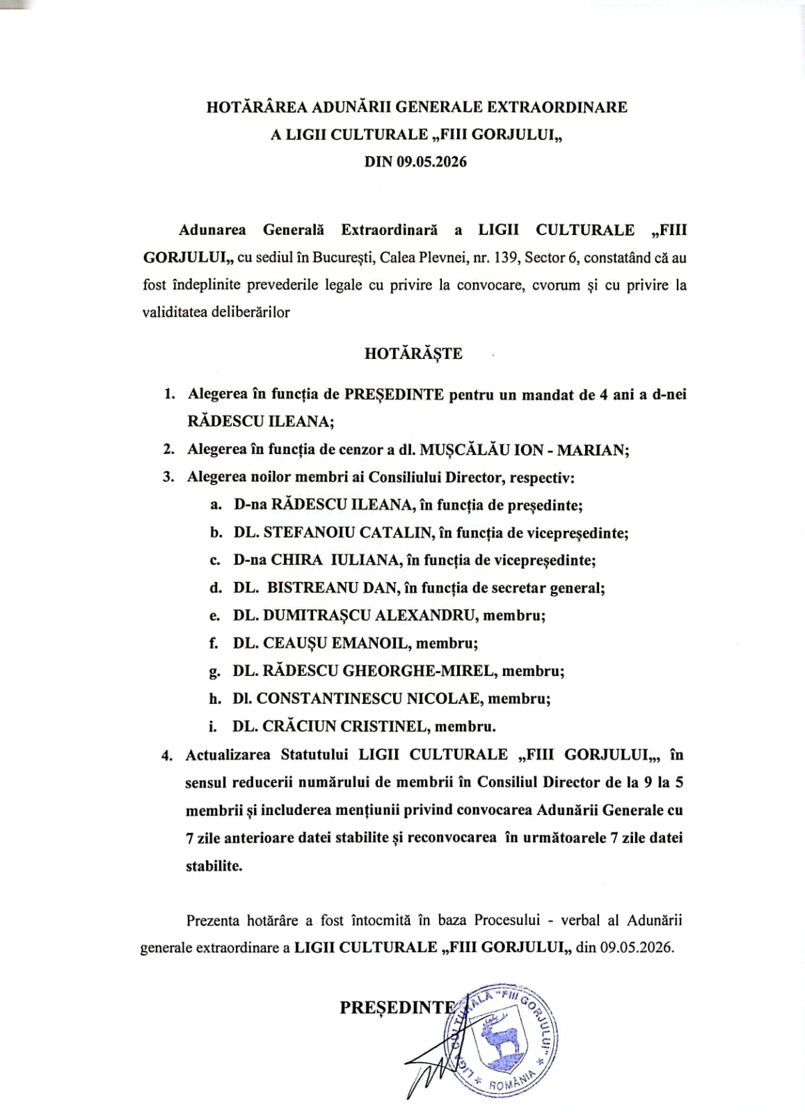 Hotărârea Adunării Generale Extraordinare a Ligii Culturale „Fiii Gorjului” din 9 mai 2026