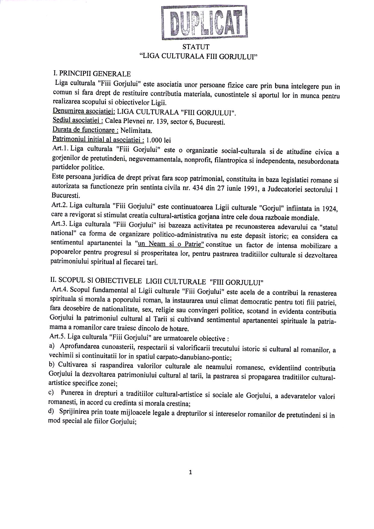 Statutul Ligii Culturale Fiii Gorjului, pagina scanată 1